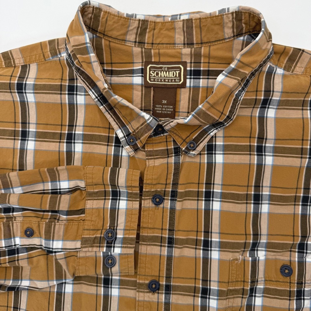 C.E. Schmidt Workwear Button Down Men 3X Brown Plaid Long Sleeve Cotton Shirt